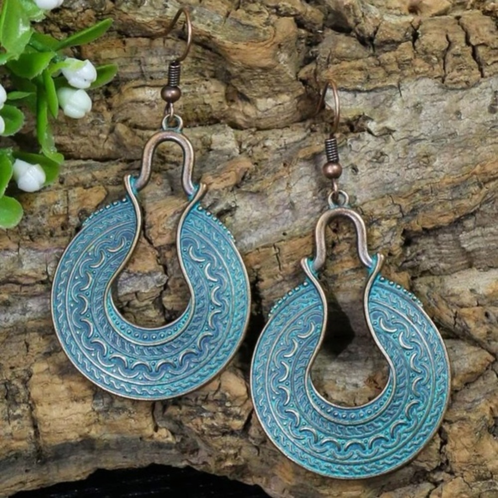 Bohemian Drop Earrings Turquoise Metal - Picture 1 of 5